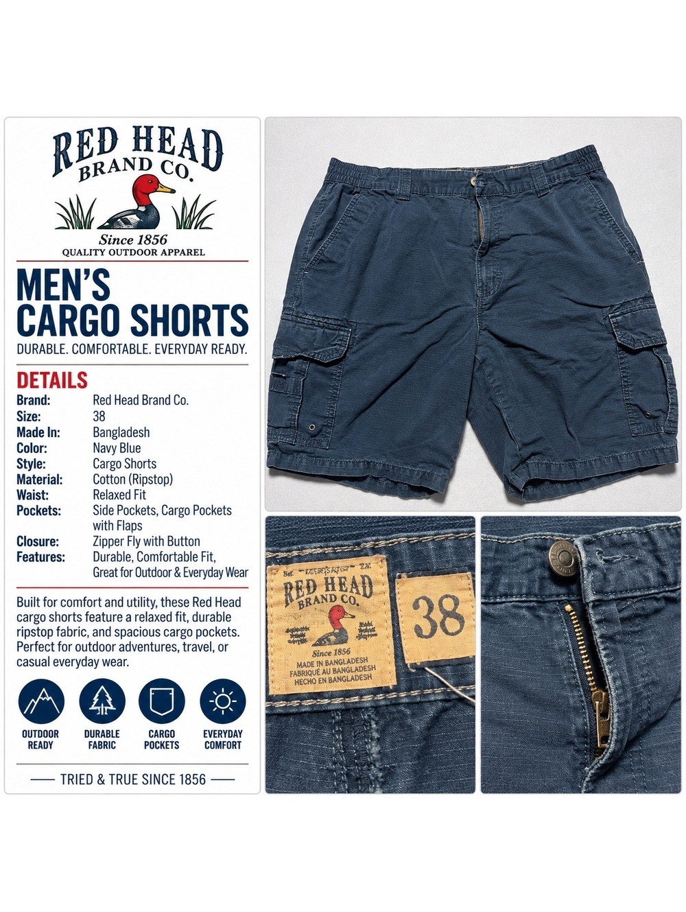 Red Head Brand Co. Men's Cargo Shorts Size 38 Navy Blue